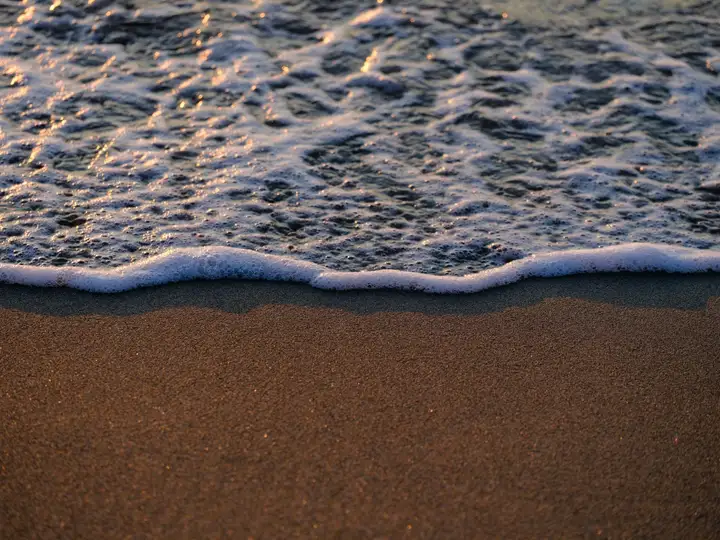 La frange d’écume d’une vague qui se retire sur du sable brun fin, piquée d’éclats dorés par le soleil bas.